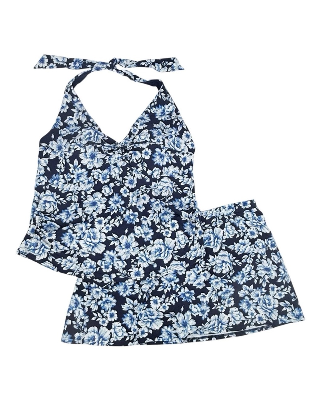 Lands End Swim Set Womens Size 18W Tankini Top 16W Swim Skirt Blue Floral